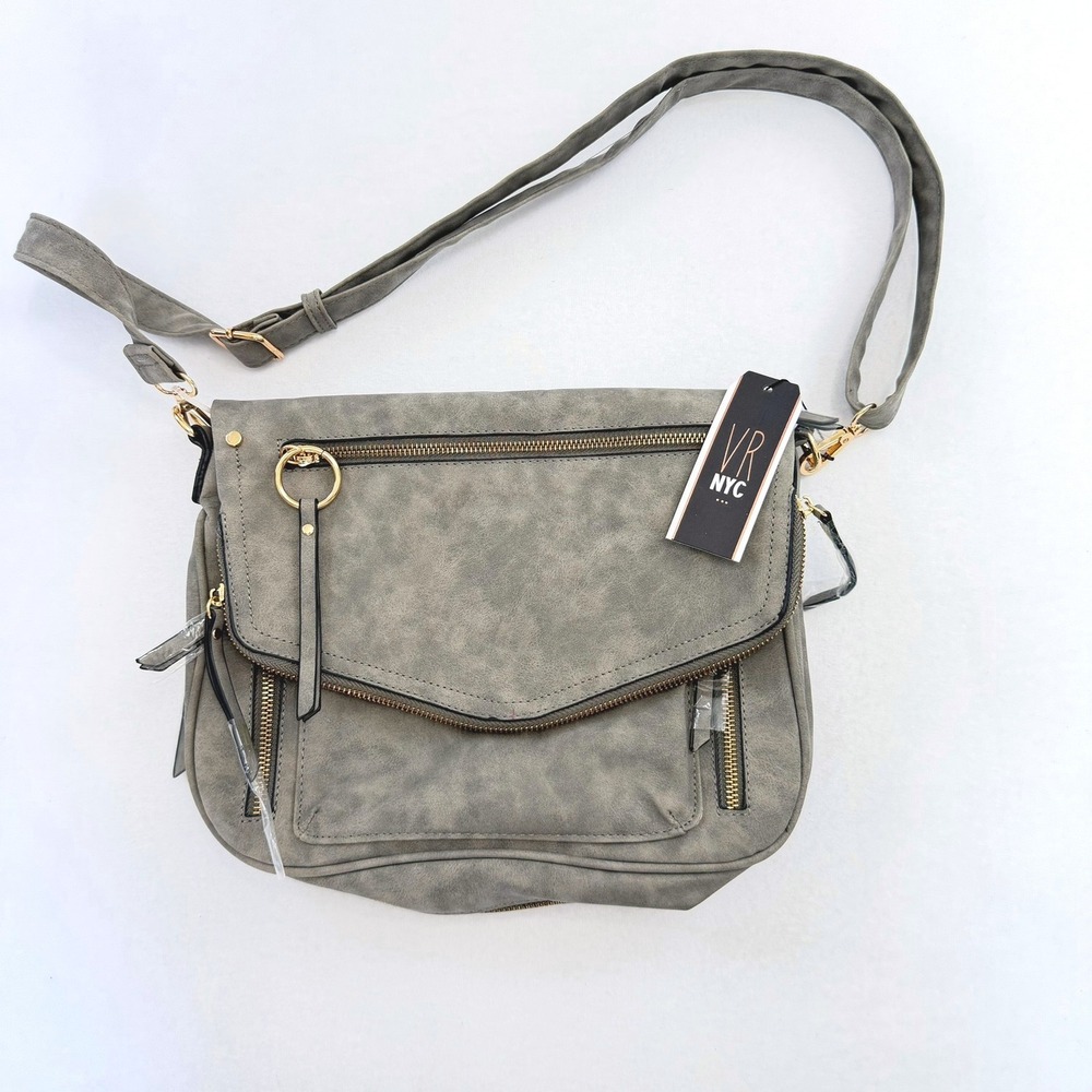 VR NYC Charcoal Gray Faux Leather Crossbody Bag Multi-Pocket Messenger Purse NEW
